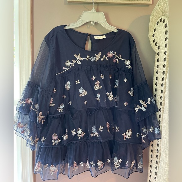 Style & Co Boho Lace Embroidered Floral Tiered Blue Blouse Size L - Picture 3 of 7